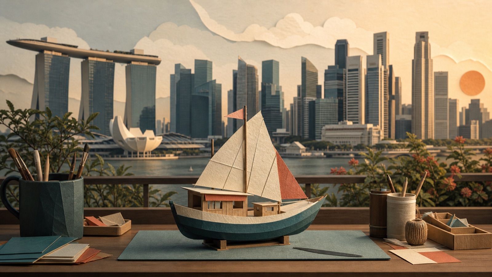 Small handmade boat against a large modern skyline