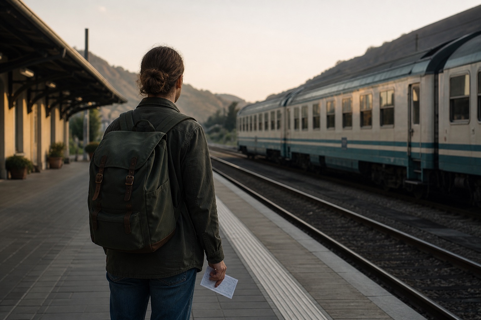A traveler with a backpack preparing to board a train and begin a nomadic journey