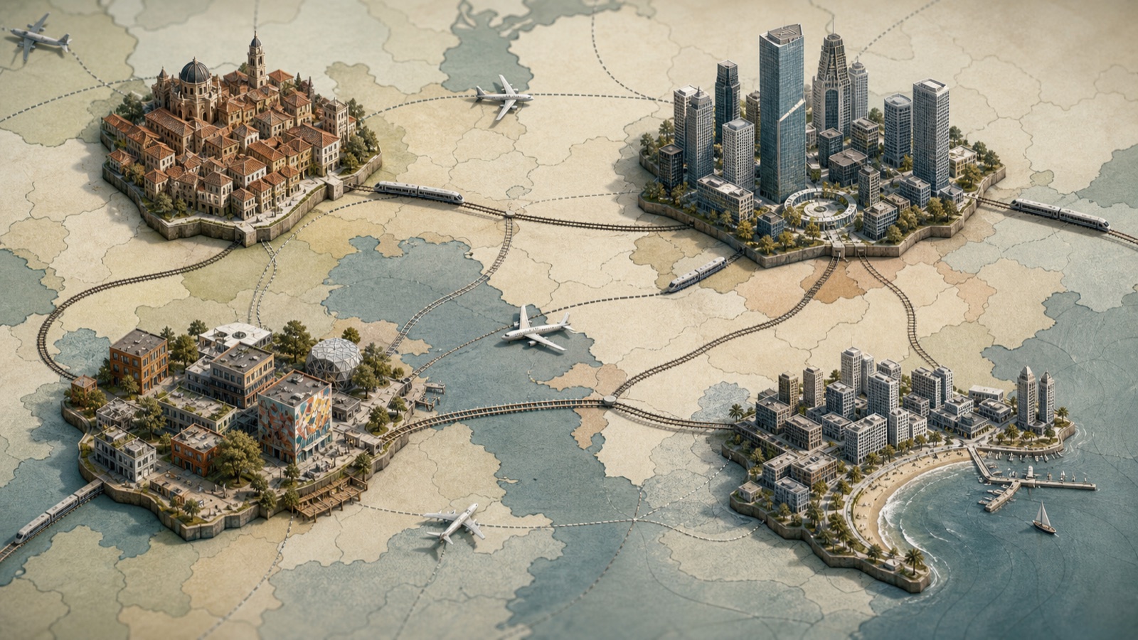 Illustrated cities connected across a fading map