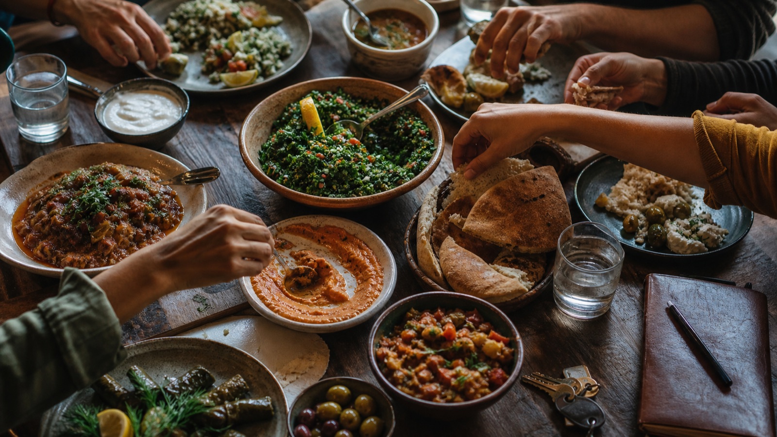 food community long term travel Travelers sharing regional food around a communal table