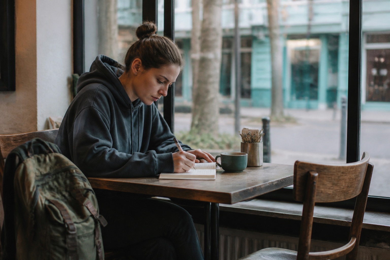 A traveler writing a thoughtful plan in a café with a backpack nearby