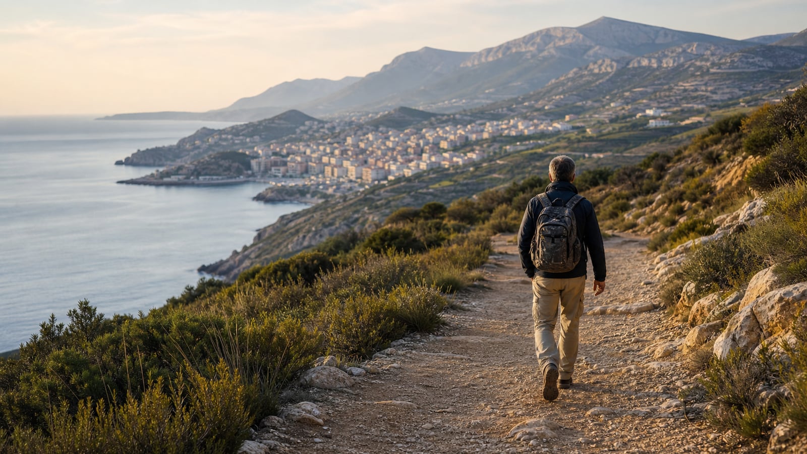 10 Nomadic Life Principles After 15 Years Long-term nomad walking a Mediterranean coastal trail toward a distant town