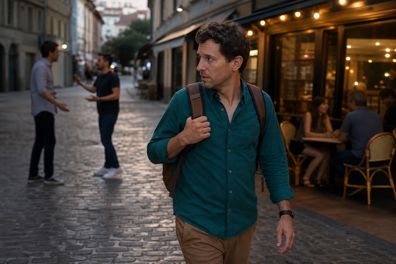 An alert traveler calmly walking away from an argument toward a safe public place