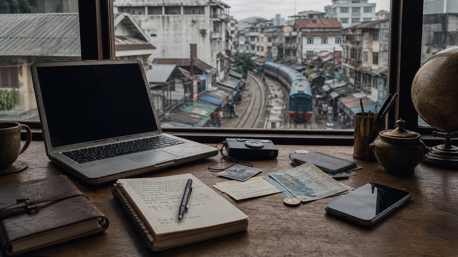 Old laptop and travel tools overlooking a Southeast Asian railway
