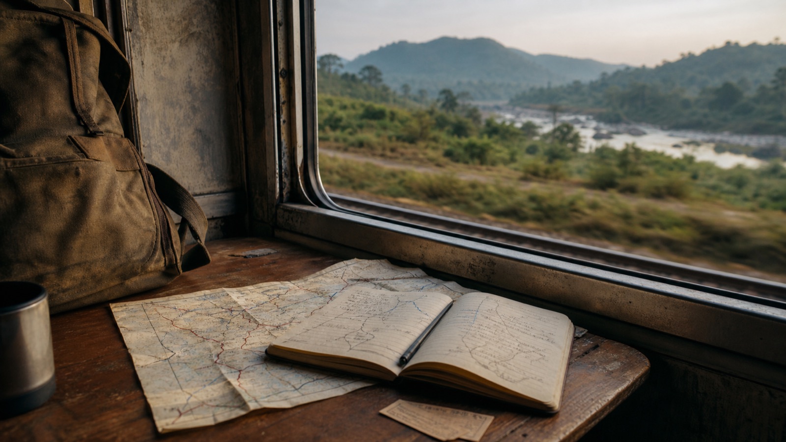 Travel journal, map and backpack beside a train window